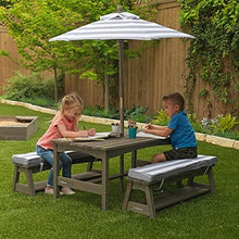 Load image into Gallery viewer, KidKraft Outdoor Table & Bench Set with Cushions and Umbrella Gray & White Stripes