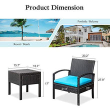 Load image into Gallery viewer, M&W 3 Pieces Patio Furniture Set, Wicker Outdoor Chairs and Coffee Table for Balcony, PE Rattan Bistro Table Set for Lawn, Garden, Backyard, Turquoise (Throw Pillow NOT Included)