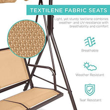 Load image into Gallery viewer, Best Choice Products 3-Seater Outdoor Adjustable Canopy Swing Glider, Patio Loveseat Bench for Deck, Porch w/Armrests, Textilene Fabric, Steel Frame - Tan