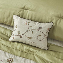 Load image into Gallery viewer, Madison Park Serene Faux Silk Comforter Floral Embroidery Design All Season Set, Matching Bed Skirt, Decorative Pillows, Queen(90"x90"), Green 7 Piece