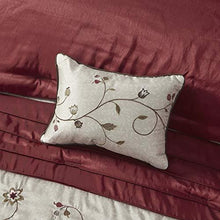 Load image into Gallery viewer, Madison Park Serene Faux Silk Comforter Floral Embroidery Design All Season Set, Matching Bed Skirt, Decorative Pillows, King(104"x92"), Red, 7 Piece