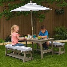 Load image into Gallery viewer, KidKraft Outdoor Table & Bench Set with Cushions and Umbrella Gray & White Stripes
