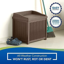 Load image into Gallery viewer, Suncast 22-Gallon Small Deck Box - Lightweight Resin Indoor/Outdoor Storage Container and Seat for Patio Cushions, Gardening Tools and Toys - Store Items on Patio, Garage, Yard - Mocha Wicker