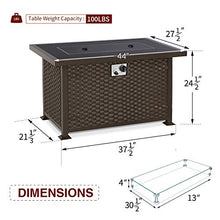 Load image into Gallery viewer, U-MAX 44in Outdoor Propane Gas Fire Pit Table, 50,000 BTU Auto-Ignition Gas Firepit with Glass Wind Guard, Black Tempered Glass Tabletop & Blue Glass Rock, Brown PE Rattan, CSA Certification