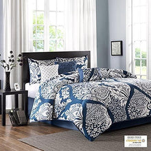Load image into Gallery viewer, Madison Park Sateen Cotton Comforter Set-Traditional Luxe Design All Season Lightweight Bedding, Shams, Bedskirt, Decorative Pillows, King(104"x92"), Vienna, Damask Indigo 7 Piece