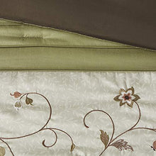 Load image into Gallery viewer, Madison Park Serene Faux Silk Comforter Floral Embroidery Design All Season Set, Matching Bed Skirt, Decorative Pillows, Queen(90"x90"), Green 7 Piece