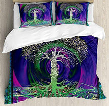 Load image into Gallery viewer, Ambesonne Nature Duvet Cover Set, Digital Psychedelic Tree of Life with Turning Gothic Background Mystery Display, Decorative 3 Piece Bedding Set with 2 Pillow Shams, Queen Size, Fuchsia Purple