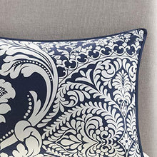 Load image into Gallery viewer, Madison Park Sateen Cotton Comforter Set-Traditional Luxe Design All Season Lightweight Bedding, Shams, Bedskirt, Decorative Pillows, King(104"x92"), Vienna, Damask Indigo 7 Piece