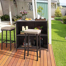 Load image into Gallery viewer, YAHEETECH 3pcs Patio Bar Set with Rattan Wicker, Outdoor Conversation Set Patio Furniture with 2 Cushions Stools & Glass Top Table