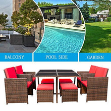 Load image into Gallery viewer, Devoko 9 Pieces Patio Dining Sets Outdoor Space Saving Rattan Chairs with Glass Table Patio Furniture Sets Cushioned Seating and Back Sectional Conversation Set (Red)