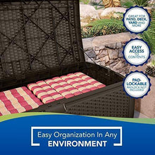 Load image into Gallery viewer, Suncast 99 Gallon Resin Wicker Patio Outdoor Storage Container for Toys, Furniture Deck box, Mocha