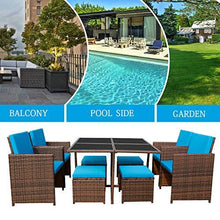 Load image into Gallery viewer, Devoko 9 Pieces Patio Dining Sets Outdoor Space Saving Rattan Chairs with Glass Table Patio Furniture Sets Cushioned Seating and Back Sectional Conversation Set (Blue)