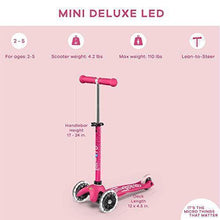 Load image into Gallery viewer, Micro Kickboard - Mini Deluxe LED - Three Wheeled, Lean-to-Steer Swiss-Designed Micro Scooter for Toddlers &amp; Children with Motion-Activated Light-Up Wheels for Ages 2-5 (Pink)
