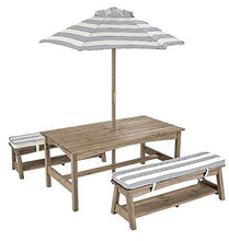 Load image into Gallery viewer, KidKraft Outdoor Table &amp; Bench Set with Cushions and Umbrella Gray &amp; White Stripes
