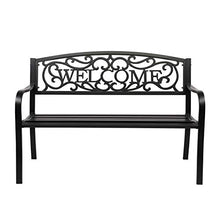 Load image into Gallery viewer, VINGLI 50" Patio Outdoor Metal Welcome Bench,Powder Coated Cast Iron Steel for Garden Path Yard Lawn Work Entryway Decor Deck, Black
