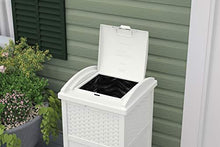 Load image into Gallery viewer, Suncast 33 Gallon Hideaway Trash Can for Patio - Resin Outdoor Trash with Lid - Use in Backyard, Deck, or Patio - White, Model:GHW1732WH
