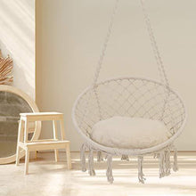 Load image into Gallery viewer, Patio Watcher Hammock Chair Macrame Swing with Cushion and Hanging Hardware Kits, Handmade Knitted Mesh Rope Swing Chair for Indoor, Outdoor, Home, Bedroom, Patio, Yard，Deck, Garden
