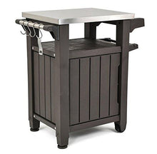 Load image into Gallery viewer, Keter Unity Portable Outdoor Table and Storage Cabinet with Hooks for Grill Accessories-Stainless Steel Top for Patio Kitchen Island or Bar Cart, Espresso Brown
