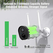Load image into Gallery viewer, Conico Outdoor Security Camera, Wireless Rechargeable Battery Powered Camera 15000mAh, 1080P WiFi Surveillance Camera for Home with Night Vision, Two Way Audio, PIR Motion Detection, IP65 Waterproof
