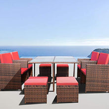 Load image into Gallery viewer, Devoko 9 Pieces Patio Dining Sets Outdoor Space Saving Rattan Chairs with Glass Table Patio Furniture Sets Cushioned Seating and Back Sectional Conversation Set (Red)
