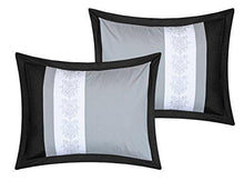 Load image into Gallery viewer, Perfect home 24 Piece Aura Complete Pintuck Embroidery Color Block Bedding, Sheets, Window Panel Collection Queen Bed in a Bag Comforter Set Black, Sheets Included
