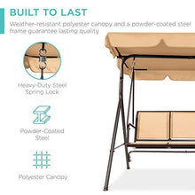 Load image into Gallery viewer, Best Choice Products 3-Seater Outdoor Adjustable Canopy Swing Glider, Patio Loveseat Bench for Deck, Porch w/Armrests, Textilene Fabric, Steel Frame - Tan

