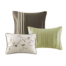 Load image into Gallery viewer, Madison Park Serene Faux Silk Comforter Floral Embroidery Design All Season Set, Matching Bed Skirt, Decorative Pillows, Queen(90"x90"), Green 7 Piece
