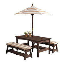 Load image into Gallery viewer, KidKraft Outdoor Table and Bench Set with Cushions and Umbrella, Kids Backyard Furniture, Espresso with Oatmeal and White Striped Fabric ,Gift for Ages 3-8
