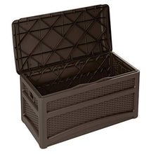 Load image into Gallery viewer, Suncast 73 Gallon Resin Wicker Patio Storage Box with Wheels and Seat, Mocha
