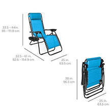 Load image into Gallery viewer, Best Choice Products Set of 2 Adjustable Steel Mesh Zero Gravity Lounge Chair Recliners w/Pillows and Cup Holder Trays, Light Blue

