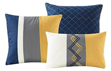 Load image into Gallery viewer, Chezmoi Collection Arden 7 Pieces Modern Pleated Stripe Embroidered Zigzag Bedding Comforter Set (Full, Navy/Gray/Yellow/Off-White)
