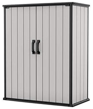 Load image into Gallery viewer, Keter Premier Tall Resin Outdoor Storage Shed with Shelving Brackets for Patio Furniture, Pool Accessories, and Bikes, Grey &amp; Black
