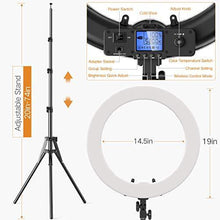 Load image into Gallery viewer, Ring Light with Wireless Remote and iPad Holder, Pixel 19" Bi-Color LCD Display Ring Light with Stand and Selfie Remote, 55W 3000-5800K CRI≥97 Light Ring for Live Stream Self-Portrait Video Shooting
