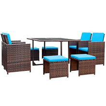 Load image into Gallery viewer, Devoko 9 Pieces Patio Dining Sets Outdoor Space Saving Rattan Chairs with Glass Table Patio Furniture Sets Cushioned Seating and Back Sectional Conversation Set (Blue)
