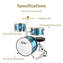 Load image into Gallery viewer, Drum Set Eastar 14 inch Drum Set for Kids, 3-Piece with Adjustable Throne, Cymbal, Pedal &amp; Two Pairs of Drumsticks, Junior Drum Set with Bass Tom Snare Drum, Drum Kit for Beginners, Metallic Sky Blue
