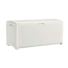 Load image into Gallery viewer, Suncast 99 Gallon Resin Wicker Patio Storage Box - Water Resistant Outdoor Storage Container for Toys, Furniture, Yard Tools - Store Items on Deck, Porch, Backyard - White
