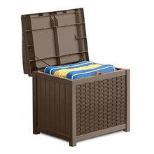 Load image into Gallery viewer, Suncast 22-Gallon Small Deck Box - Lightweight Resin Indoor/Outdoor Storage Container and Seat for Patio Cushions, Gardening Tools and Toys - Store Items on Patio, Garage, Yard - Mocha Wicker
