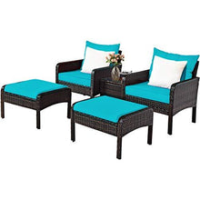 Load image into Gallery viewer, Tangkula Wicker Furniture Set 5 Pieces PE Wicker Rattan Outdoor All Weather Cushioned Sofas and Ottoman Set Lawn Pool Balcony Conversation Set Chat Set (Turquoise)
