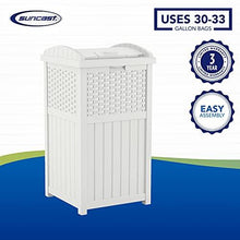 Load image into Gallery viewer, Suncast 33 Gallon Hideaway Trash Can for Patio - Resin Outdoor Trash with Lid - Use in Backyard, Deck, or Patio - White, Model:GHW1732WH
