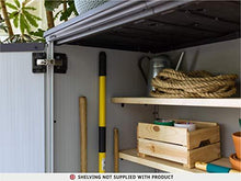 Load image into Gallery viewer, Keter Premier Tall Resin Outdoor Storage Shed with Shelving Brackets for Patio Furniture, Pool Accessories, and Bikes, Grey &amp; Black
