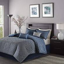 Load image into Gallery viewer, Madison Park Biloxi Jacquard Comforter Set-Modern Geometric Design All Season Down Alternative Cozy Bedding with Matching, Shams, Decorative Pillow, Queen(90"x90"), Ombre Navy 7 Piece
