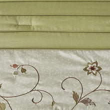 Load image into Gallery viewer, Madison Park Serene Faux Silk Comforter Floral Embroidery Design All Season Set, Matching Bed Skirt, Decorative Pillows, Queen(90"x90"), Green 7 Piece
