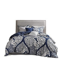Load image into Gallery viewer, Madison Park Sateen Cotton Comforter Set-Traditional Luxe Design All Season Lightweight Bedding, Shams, Bedskirt, Decorative Pillows, King(104"x92"), Vienna, Damask Indigo 7 Piece
