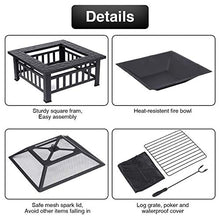 Load image into Gallery viewer, Fire Pit 32'' Wood Burning Firepit Metal Square Outdoor Fire Tables Steel BBQ Grill Fire Pit Bowl with Spark Screen Cover, Poker Log Grate for Patio Bonfire Camping Backyard Garden Picnic
