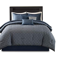 Load image into Gallery viewer, Madison Park Biloxi Jacquard Comforter Set-Modern Geometric Design All Season Down Alternative Cozy Bedding with Matching, Shams, Decorative Pillow, Queen(90"x90"), Ombre Navy 7 Piece
