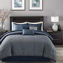 Load image into Gallery viewer, Madison Park Biloxi Jacquard Comforter Set-Modern Geometric Design All Season Down Alternative Cozy Bedding with Matching, Shams, Decorative Pillow, Queen(90"x90"), Ombre Navy 7 Piece
