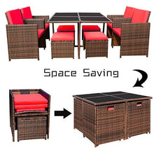 Load image into Gallery viewer, Devoko 9 Pieces Patio Dining Sets Outdoor Space Saving Rattan Chairs with Glass Table Patio Furniture Sets Cushioned Seating and Back Sectional Conversation Set (Red)
