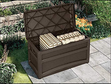 Load image into Gallery viewer, Suncast 73 Gallon Resin Wicker Patio Storage Box with Wheels and Seat, Mocha
