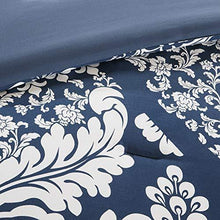 Load image into Gallery viewer, Madison Park Sateen Cotton Comforter Set-Traditional Luxe Design All Season Lightweight Bedding, Shams, Bedskirt, Decorative Pillows, King(104"x92"), Vienna, Damask Indigo 7 Piece
