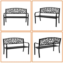Load image into Gallery viewer, VINGLI 50" Patio Outdoor Metal Welcome Bench,Powder Coated Cast Iron Steel for Garden Path Yard Lawn Work Entryway Decor Deck, Black
